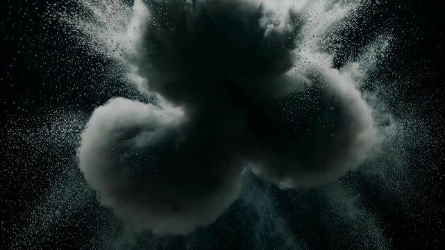 Abstract black powder explosion on dark background with dramatic lighting