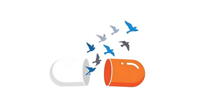 Birds flying out of open capsule medicine suggesting freedom recovery or release from addiction treatment therapy