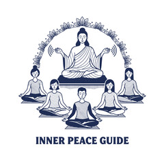 Vintage style line art graphic of a meditation instructor guiding a group. Inner peace guide concept with people in lotus pose. Vector drawing isolated on white background