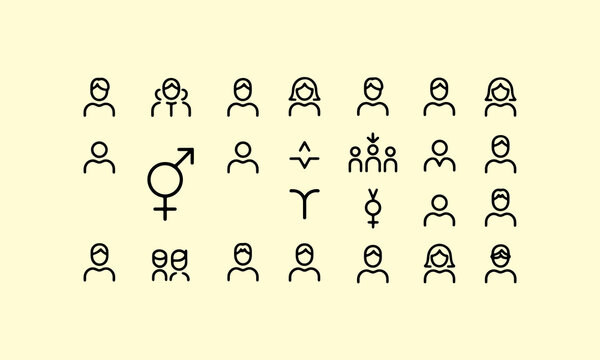 A collection of simplistic black line icons representing diverse people and gender symbols high quality