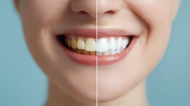 A closeup smile comparison shows teeth whitening before and after. Half the teeth are yellowed, while the other half is perfectly white and clean.