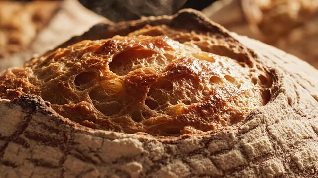 Warm artisan bread loaf cooling and crusting on rustic kitchen counter