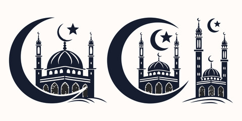Two crescent moons with mosques and stars in the center of each moon. © Alone
