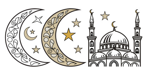 Crescent moons and a mosque with minarets and domes in a stylized design © Alone