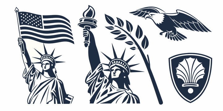 Patriotic symbols including the statue of liberty, an eagle, and a shield