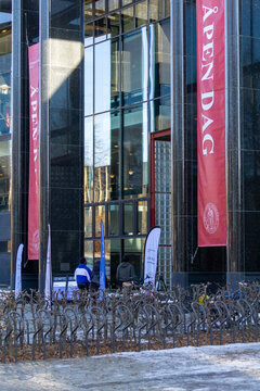 Oslo, Norway - March 05, 2026: University of Oslo UiO Open Day Recruitment Event Featuring Promotional Teardrop Banners and Crowds of Prospective Students on Campus Courtyard