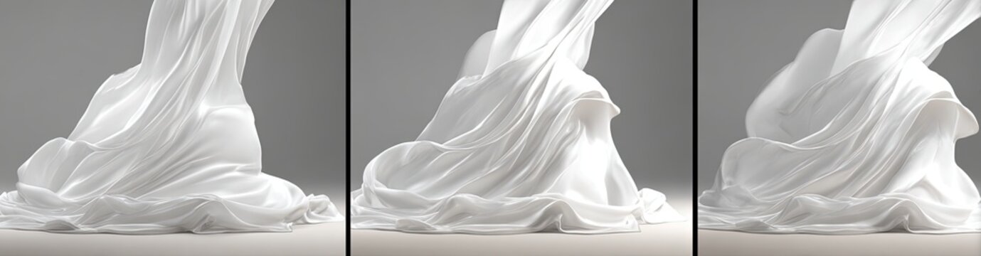 Three panels display a billowing, flowing white fabric, elegantly draped and illuminated