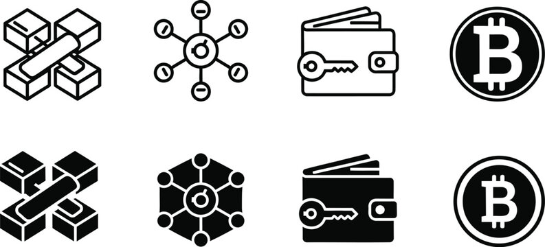 Editable outline icons collection for cryptocurrency and blockchain concepts