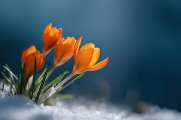 Orange crocus flowers emerging from snow bright saffron petals in early spring sunlight with green grass blades and soft icy foreground and deep teal background