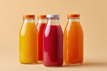 Three colorful glass juice bottles with orange and red juices on a beige background arranged in a row for a bright healthy beverage display