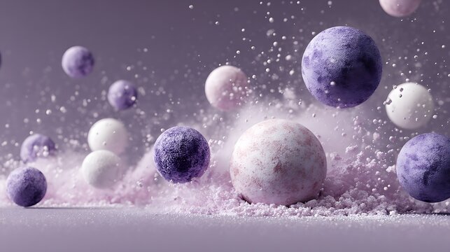 Floating spheres in pastel shades surrounded by fine powder against a purple backdrop