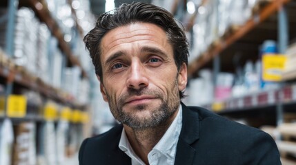 Obraz premium Man in suit standing in warehouse aisle with shelves full of boxes, looking confident and professional in logistics and storage environment.