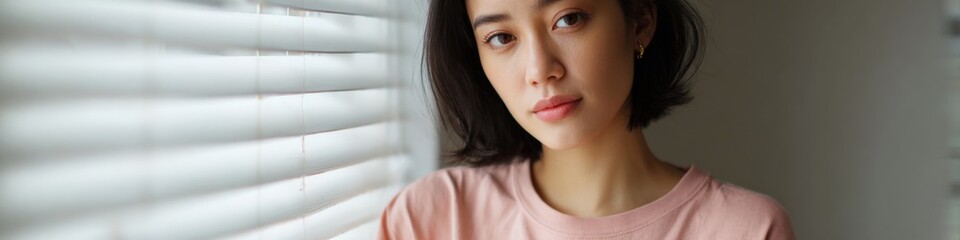 Fototapeta premium Asian female young adult window gazing near blinds soft natural light warm contemplative portrait