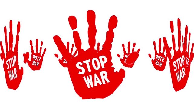 Stop War Red Bloody Handprint Protest Sign Graphic Animation on White Background
