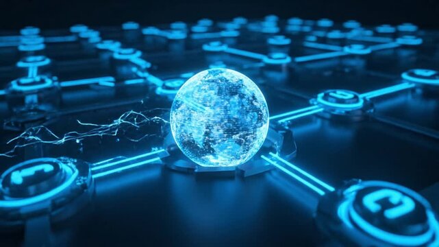 Futuristic glowing blue globe connected to circuit board with neon lights for business technology and innovation concept