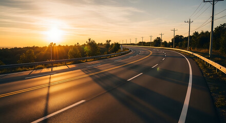 Fototapeta premium A winding road curves through a landscape at sunset, with power lines and trees visible