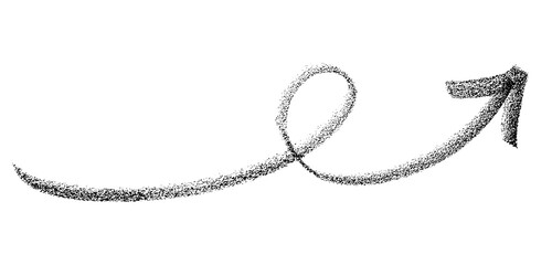 Hand-Drawn Black Crayon Curvy Arrow Sketch Isolated on Transparent Background, Minimalist Abstract Wax Pencil Scribble Loop Pointer Graphic Element for Creative Design Direction.