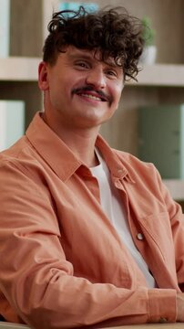 Caucasian business man complete work online smiling businessman close laptop smile looking at camera guy male entrepreneur finishing end job done working accomplishment success worker relax in office