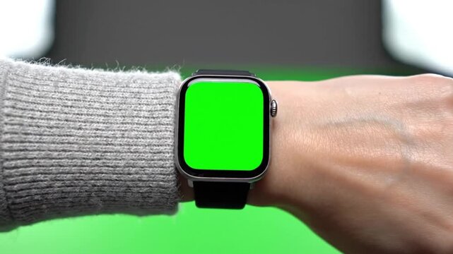 Person wears modern wearable device with green screen display for custom content and interactive digital experience