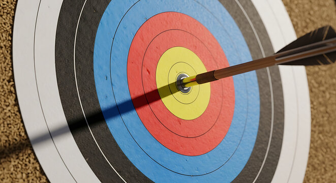 An arrow strikes the center of a colorful archery target board in outdoor setting