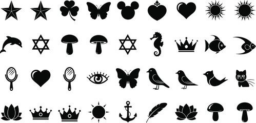 Obraz premium Decorative icon set with silhouettes of stars, hearts, butterflies, birds, crowns, suns, and nature symbols for stickers, scrapbooking, logos, and creative graphic design projects.