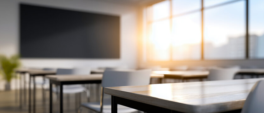 Empty classroom with desks at sunrise light. Concept of education. Concept of learning. Concept of new school day.
