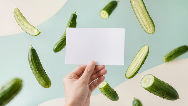 Hand holding blank card with floating fresh cucumbers on pastel background. Suitable for banner, food advertising, recipe blog, farm products promotion or web design.
