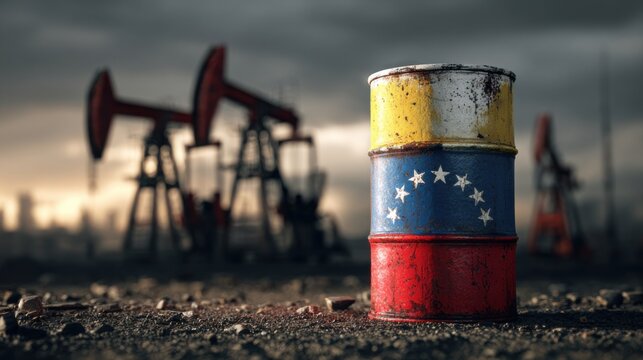 Oil barrels and pumps at an oil field in Venezuela during sunset with cloudy sky and industrial setup displaying natural resources