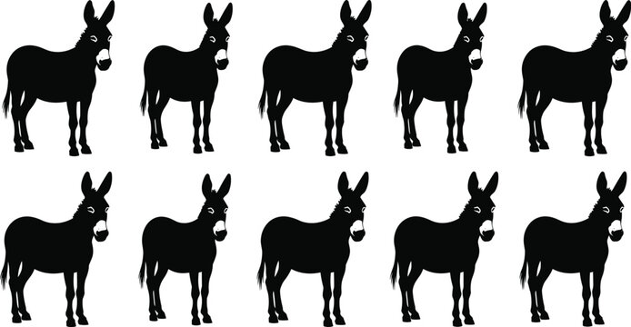 Donkey silhouette vector set with domestic farm animal outlines for livestock breeding, agricultural logos, rural life graphics, mule icons, and stable animal nature designs.