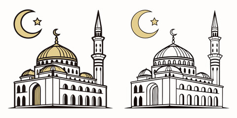 Two intricately designed mosques with minarets and crescent moons on their domes © Alone