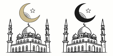 Two mosques with crescent moons and stars on their domes and minarets © Alone