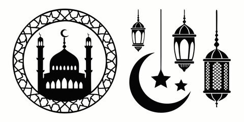Islamic symbols including a mosque, crescent moon, star, and lanterns © Alone