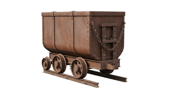 Old rusty mine cart on tracks, isolated on transparent background.