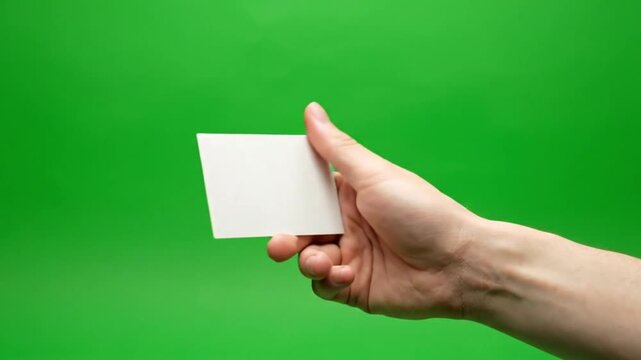 Person's hand holding a clean white customizable card ready for content on a bright green chroma key