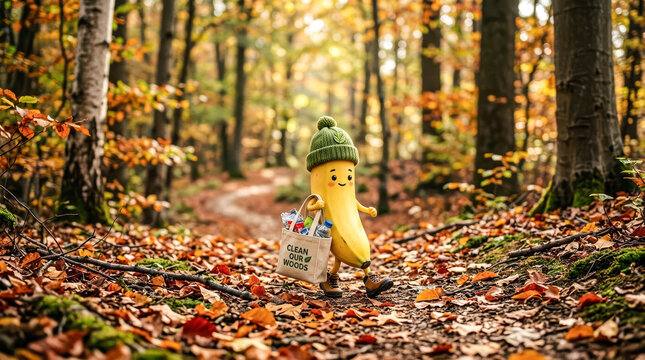 Autumn forest path covered in golden leaves. Small yellow figure walks with cheerful expression. Wearing green knitted hat and carrying reusable bag. Sunny day enhances warm, cozy forest atmosphere