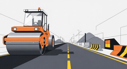 Fototapeta premium An orange road roller is driving down a road with a construction site in the background.