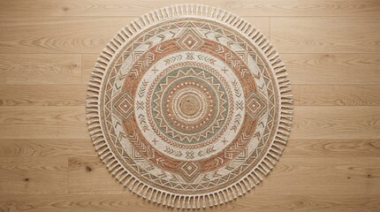 Obraz premium Bohemian Circular Rug with Geometric Pattern and Fringe on a Hardwood Floor