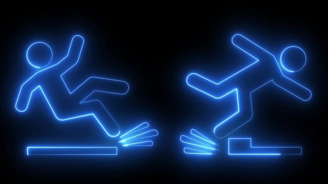 glowing neon Slip and trip icon isolated on black background. Workplace Safety. Falling icons: slip, trip, and fall. Slip and fall accident icon with person slipping on wet floor. 4k video animation.