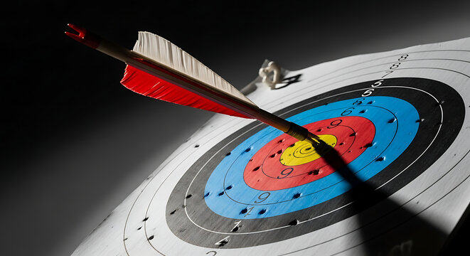 Wooden arrow hitting center of target showing accuracy and success in competition during day light