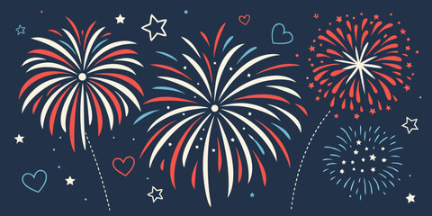 Fototapeta premium Vibrant fireworks display with red, white, and blue colors illuminating the night sky