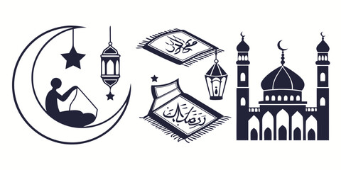 Religious symbols including a crescent moon, star, lantern, prayer mat, and mosque © NAHID 