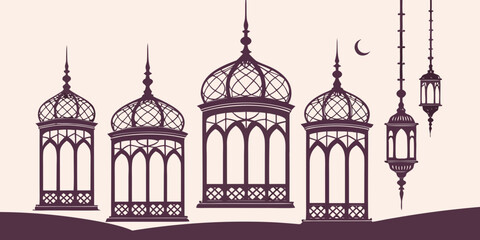 A beautiful mosque with five domes and two minarets under a crescent moon. © NAHID 