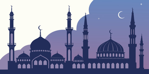 Majestic mosque with minarets and domes under a starry night sky with a crescent moon © NAHID 