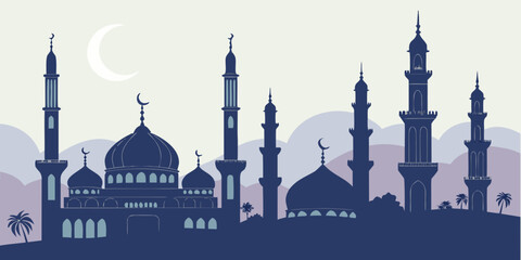 A detailed illustration of a mosque with minarets and domes against a sunset sky © NAHID 