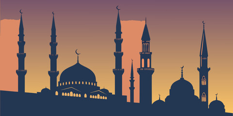 Silhouette of a mosque with minarets and domes at sunset against a purple sky © NAHID 