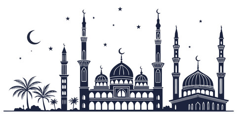 Intricate black and white illustration of a mosque with minarets and domes © NAHID 