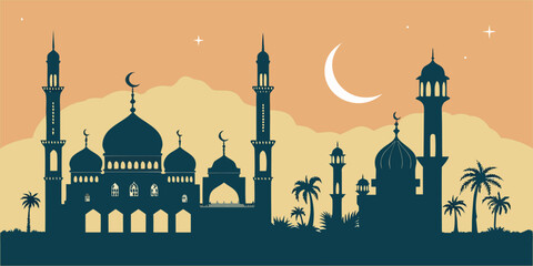 Silhouette of mosque and minarets with crescent moon and palm trees © NAHID 