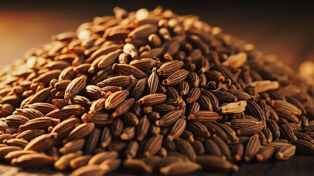 Close up of brown grains displayed on a wooden surface