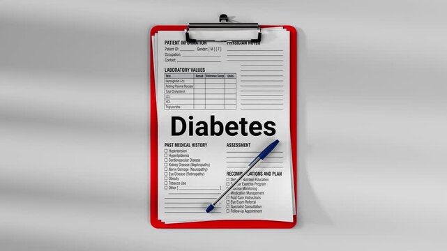 Diabetes diagnosis on medical clipboard patient clinical form