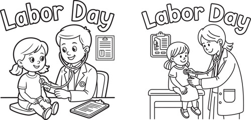 A doctor examines a young girl on Labor Day at a medical office on white background.